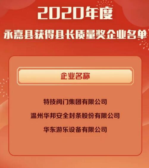 喜讯！特技阀门集团有限公司荣获“永嘉县长质量奖”