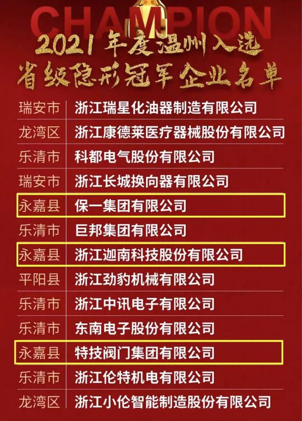 赞！永嘉省级“隐形冠军”企业增加为9家，位列全省县级第二，山区26县第一！